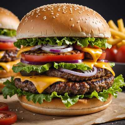 Ein hochauflösendes Nahaufnahmefoto eines frisch zubereiteten Burgers. Der Burger besteht aus einem Sesambrötchen mit einer goldbraunen Oberseite. Innen gibt es ein saftiges Rindfleisch-Patty, perfekt gebraten, belegt mit geschmolzenem Cheddarkäse. Frischer, knackiger Salat und eine dicke Scheibe reifer Tomate sind sichtbar, dazu kommen einige Ringe von roten Zwiebeln, die Farbe und Textur hinzufügen. Der Burger ist garniert mit Essiggurken und einem Klecks cremiger Mayonnaise. Der Hintergrund ist leicht unscharf, um den Burger als Hauptmotiv hervorzuheben, und es gibt ein weiches, natürliches Licht, das das Essen unglaublich appetitlich aussehen lässt.
