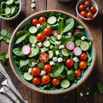 Ein rustikaler Holztisch, auf dem eine bunte Schüssel mit einem lebendigen Salat steht. Der Salat besteht aus frischen grünen Blättern, Kirschtomaten, Gurkenscheiben, Radieschenscheiben und einem Hauch von Feta-Käse. Natürliches Licht verleiht dem Gericht Frische und Anziehungskraft.