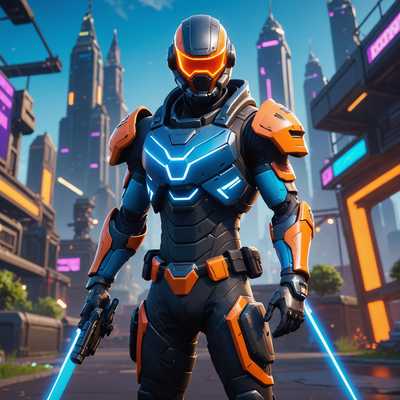 Eine dynamische 3D-Szene mit einem Fortnite-Charakter in einer actionbereiten Pose. Der Charakter trägt ein futuristisches, gepanzertes Outfit in leuchtenden und kontrastierenden Farben wie Neonblau und Hellorange. Sie haben einen Helm mit einem Visier, das ihr Gesicht teilweise verdeckt und ein Gefühl von Geheimnis erzeugt. Der Hintergrund besteht aus einer stilisierten, spielähnlichen Umgebung mit Elementen wie üppigen Landschaften, hoch aufragenden Strukturen und möglicherweise anderen Charakteren, die verschiedene Aktivitäten ausüben, was ein Gefühl einer aktiven, pulsierenden Welt vermittelt. Die Beleuchtung ist dramatisch, mit Highlights, die die Rüstung des Charakters betonen, und Schatten, die der gesamten Szene Tiefe verleihen.