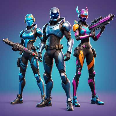 Eine lebendige Szene mit drei von Fortnite inspirierten Charakter-Skins, die in dynamischen Posen stehen. Der erste Charakter auf der linken Seite ist ein futuristischer Krieger in eleganter, metallischer Rüstung mit leuchtend blauen Akzenten, der ein High-Tech-Gewehr hält. Der zweite Charakter in der Mitte ist ein skurriler, farbenfroher Charakter mit einem verspielten, cartoonartigen Design. Er trägt ein helles, buntes Outfit mit übertriebenem Zubehör und nimmt eine selbstbewusste Pose ein. Der dritte Charakter auf der rechten Seite ist eine verstohlene Ninja-Figur, gekleidet in dunkler, getarnter Kleidung und mit zwei Katanas auf dem Rücken. Der Hintergrund ist eine digital gerenderte, energetische Landschaft mit einer Mischung aus Sci-Fi-Elementen und lebendigen Farben, die zur dynamischen Atmosphäre der Szene beiträgt.