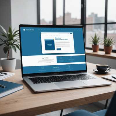 Dieses Bild zeigt ein vollständiges Website-UI/UX-Mockup, das auf einem modernen Laptopbildschirm angezeigt wird. Der Laptop steht auf einem sauberen, minimalistischen Schreibtisch. Das Webdesign zeichnet sich durch ein elegantes und modernes Layout aus, mit einer Kombination aus hochqualitativen Bildern, gut organisierten Textabschnitten und intuitiven Navigationselementen. Das Farbschema ist anspruchsvoll, mit Blautönen und Weiß, gelegentlich ergänzt durch hellere Farben, um auf wichtige Bereiche aufmerksam zu machen. Es sind mehrere Abschnitte zu sehen, wie ein Header mit Logo und Navigationsmenü, ein Hero-Bild mit auffälliger Überschrift, Feature-Bereiche mit Symbolen und Beschreibungen sowie ein Footer mit Kontaktinformationen und Social-Media-Symbolen. Insgesamt präsentiert das Mockup ein professionelles und ansprechend gestaltetes Webdesign.