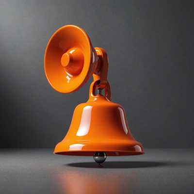 Dieses Bild zeigt eine leuchtend orangefarbene Glocke, die so aussieht, als könnte sie läuten. Sie ist in einem hochglänzenden Finish gerendert und hebt sich deutlich von ihrem Hintergrund ab, der ordentlich gestaltet ist.