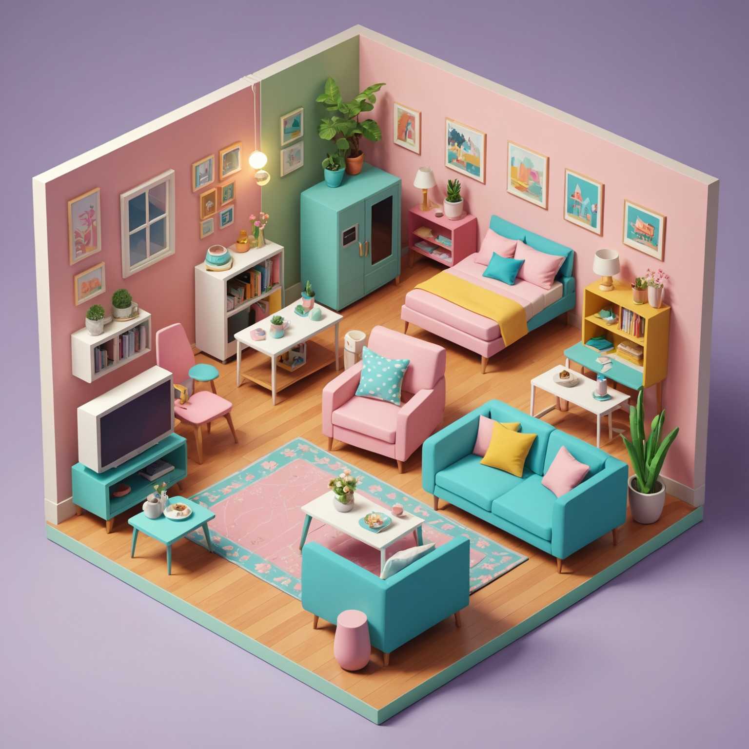 Das Bild zeigt eine lebendige isometrische 3D-Ansicht eines Sets miteinander verbundener Räume, die alle mit charmanten und skurrilen Details gefüllt sind. Die Räume sind in verspielten Pastellfarben gehalten und haben eine lebhafte, einladende Atmosphäre. In einem Raum gibt es einen gemütlichen Wohnbereich mit einem Plüschsofa, einem kleinen Couchtisch und einem Flachbildfernseher an der Wand. Daneben befindet sich eine kompakte Küche mit Kühlschrank, Herd und Küchenschränken sowie einigen Kochutensilien und einer Schüssel Obst auf der Arbeitsplatte.

Ein weiterer Raum dient als Schlafzimmer und enthält ein kuscheliges Bett mit flauschiger Bettwäsche, einen Nachttisch mit einer Lampe und eine kleine Kommode. Eine kleine Ecke im Raum scheint ein Arbeitsbereich zu sein, mit einem Schreibtisch, einem bequemen Stuhl, einem Computer und einigen verstreuten Büchern und Schreibwaren.

Die Räume sind durch Flure oder offene Torbögen miteinander verbunden und einige dekorative Elemente wie Zimmerpflanzen in stilvollen Töpfen, Bilderrahmen mit niedlichen Illustrationen und farbenfrohe Teppiche fügen sich in die niedliche Ästhetik ein. Die gesamte Szene wirkt wie ein lebendig gewordenes Miniatur-Puppenhaus mit einer Reihe von charmanten Möbeln und entzückenden Details, die ein Gefühl von Wärme und Gemütlichkeit vermitteln.