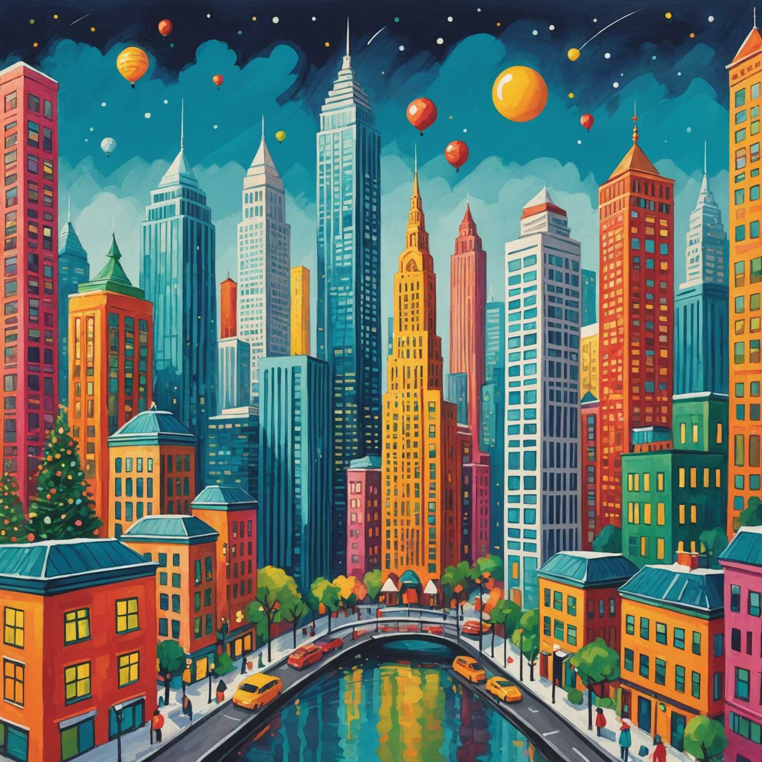 Eine skurrile, handgemalte Illustration einer lebhaften Stadtlandschaft mit modernen Wolkenkratzern. Die Wolkenkratzer sind mit Feiertagsdekorationen durchsetzt. Die Gesamtstimmung ist fröhlich und lebendig.