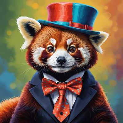 Ein roter Panda mit einem winzigen Hut und einer Fliege. Die Farben sind lebendig und die Merkmale übertrieben.