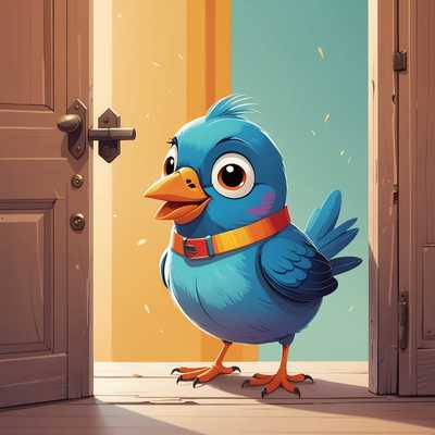 Ein kleiner, fröhlicher Vogel, der am Rand einer teilweise offenen Tür sitzt. Die Illustration ist bunt und cartoonartig und strahlt Spaß und Niedlichkeit aus. Der Hintergrund ist einfach gehalten, wodurch der Vogel im Mittelpunkt des Bildes steht. Der Ausdruck des Vogels ist lebhaft und reizend.