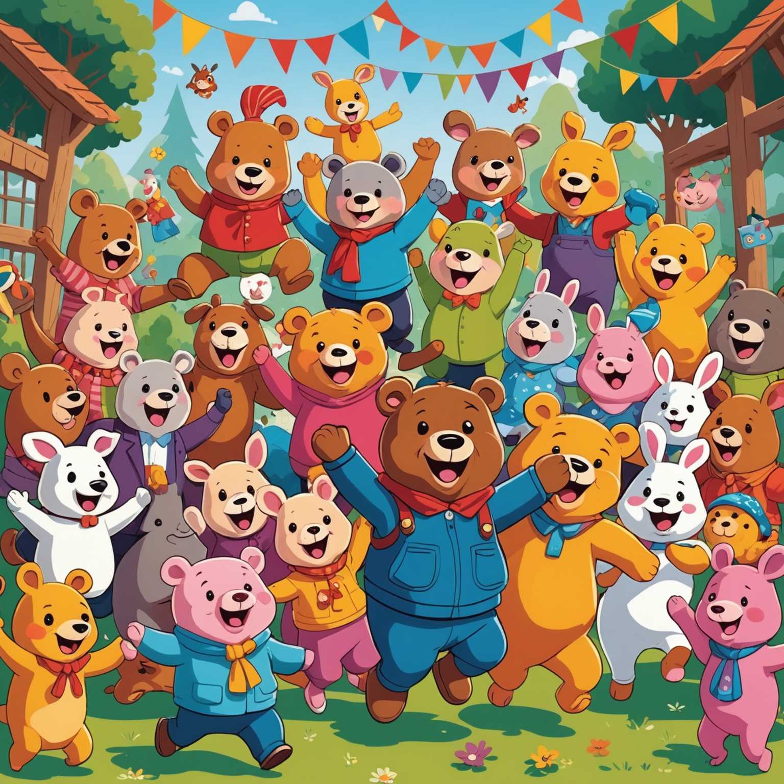 Das Bild zeigt eine lebendige und farbenfrohe Cartoon-Szene mit verschiedenen niedlichen Figuren. Es gibt mehrere Tiere und Menschen in spielerischen Posen, wobei jede Figur auffällige und lebhafte Farben aufweist. Zu den Tieren gehören anthropomorphe Figuren wie ein lächelnder Bär, ein fröhliches Schwein und ein tanzender Hase, die alle Kleidung und Accessoires tragen. Die Menschen sind mit übertriebenen Gesichtsausdrücken illustriert, die ihre Freude und ihr Entzücken zeigen. Der Hintergrund ist fantasievoll und enthält Elemente wie Luftballons, Sterne und Blumen, die die fröhliche Atmosphäre verstärken. Die gesamte Komposition strahlt Spaß, Charme und Freundlichkeit aus und macht sie für Kinder und Liebhaber von unbeschwerter Kunst ansprechend.