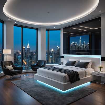 Ein elegantes, modernes Schlafzimmer mit minimalistischem Design. Der Raum verfügt über glatte, geschwungene Oberflächen und eine High-Tech-Ästhetik. Das Bett ist in eine schwebende Plattform mit integrierter LED-Beleuchtung eingebaut. Die Wände haben ein nahtloses, glänzendes Finish mit eingebetteten Lichtstreifen, die ein sanftes, ambientes Leuchten bieten. Ein großes bodentiefes Fenster bietet einen Blick auf eine futuristische Stadtlandschaft mit hohen Wolkenkratzern und Neonlichtern. Es gibt Smart-Home-Geräte, wie ein sprachaktiviertes Bedienfeld am Bett und ein holografisches Display in der Ecke. Die Möbel umfassen ein Paar ergonomische, avantgardistische Stühle, einen Glastisch mit schwebendem Monitor und einen eleganten Kleiderschrank mit Schiebetüren. Das Farbschema insgesamt ist eine Mischung aus kühlen Tönen wie Silber, Weiß und Blau, was die ultramoderne Atmosphäre verstärkt.