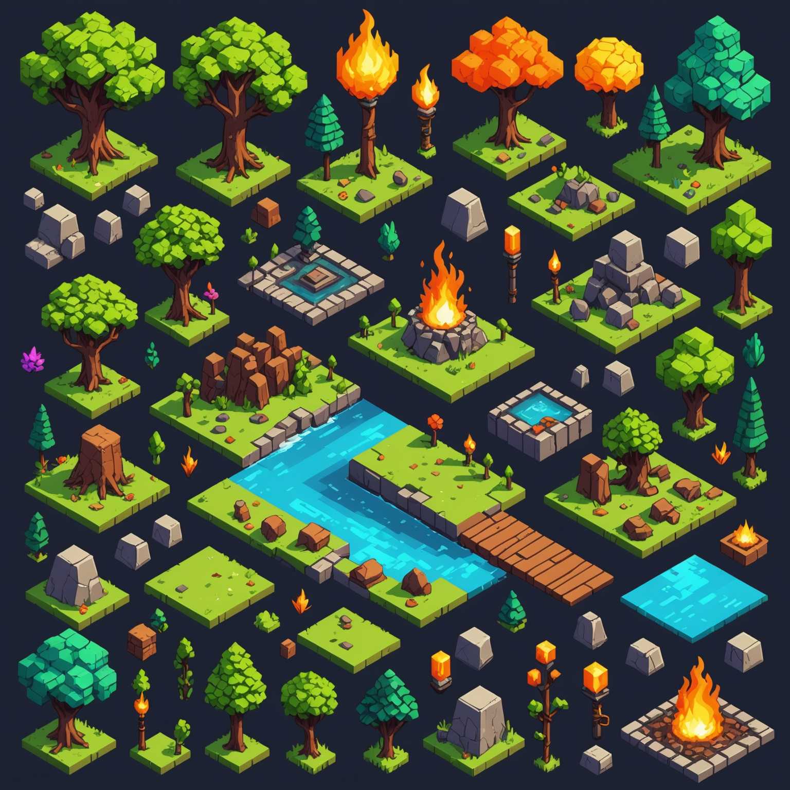 Ein farbenfrohes 2D-Spritesheet mit Pixel-Art-Umgebungselementen wie Kacheln, Bäumen, Felsen und Fackeln in lebendigen Farben. Diese Elemente haben markante Umrisse und sind für ein Videospiel entworfen.