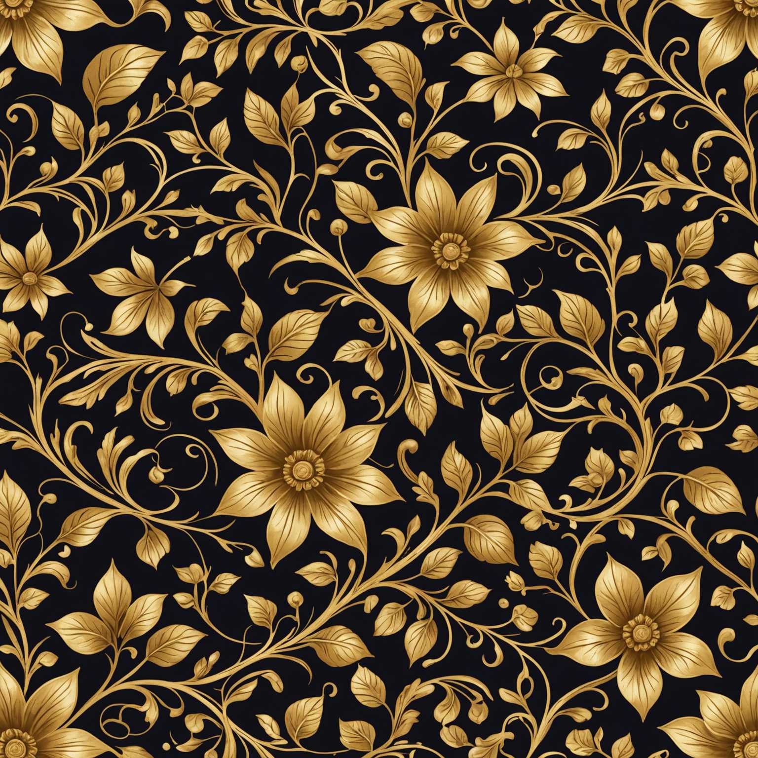 Dieses digitale Kunstwerk zeigt ein aufwendiges Muster mit einem naturinspirierten Thema. Das Design ist mit vergoldeten, goldenen Akzenten verziert, was ihm ein luxuriöses und romantisches Gefühl verleiht. Die Muster sind detailreich und umfassen Elemente wie Blumen, Blätter und möglicherweise Ranken, die alle in einem Stil ausgeführt sind, der eine Mischung aus traditionellen Maltechniken und digitaler Kunst darstellt. Die Farbpalette umfasst reiche Goldtöne und ergänzende Schattierungen, die die Eleganz des Designs betonen.
