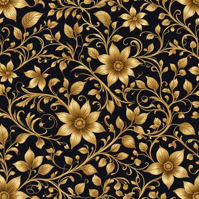 Dieses digitale Kunstwerk zeigt ein aufwendiges Muster mit einem naturinspirierten Thema. Das Design ist mit vergoldeten, goldenen Akzenten verziert, was ihm ein luxuriöses und romantisches Gefühl verleiht. Die Muster sind detailreich und umfassen Elemente wie Blumen, Blätter und möglicherweise Ranken, die alle in einem Stil ausgeführt sind, der eine Mischung aus traditionellen Maltechniken und digitaler Kunst darstellt. Die Farbpalette umfasst reiche Goldtöne und ergänzende Schattierungen, die die Eleganz des Designs betonen.