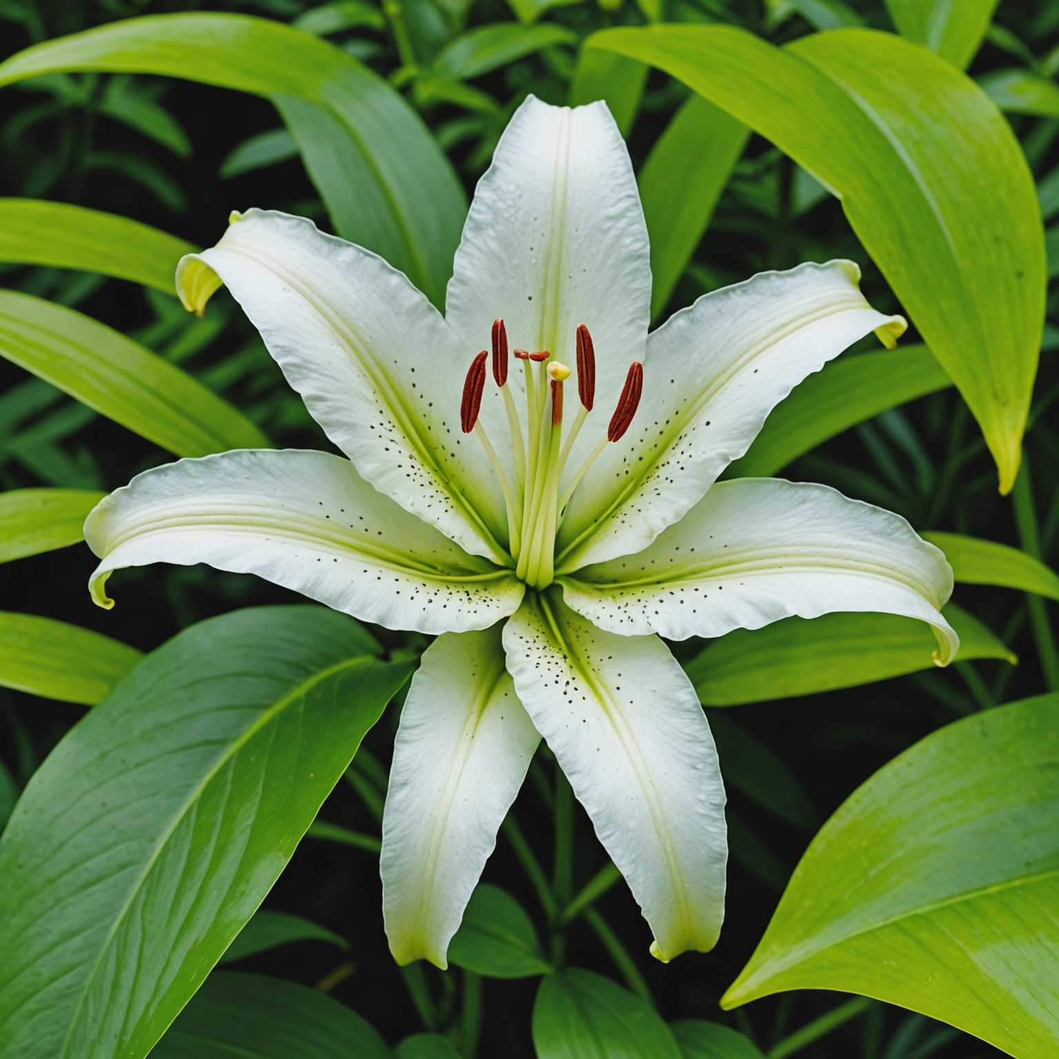 Die Abbildung zeigt eine einzelne Lilienblüte in voller Blüte, die in einem lebhaften Weiß gehalten ist. Sie ist vor einem üppigen grünen Hintergrund aus Blättern dargestellt.