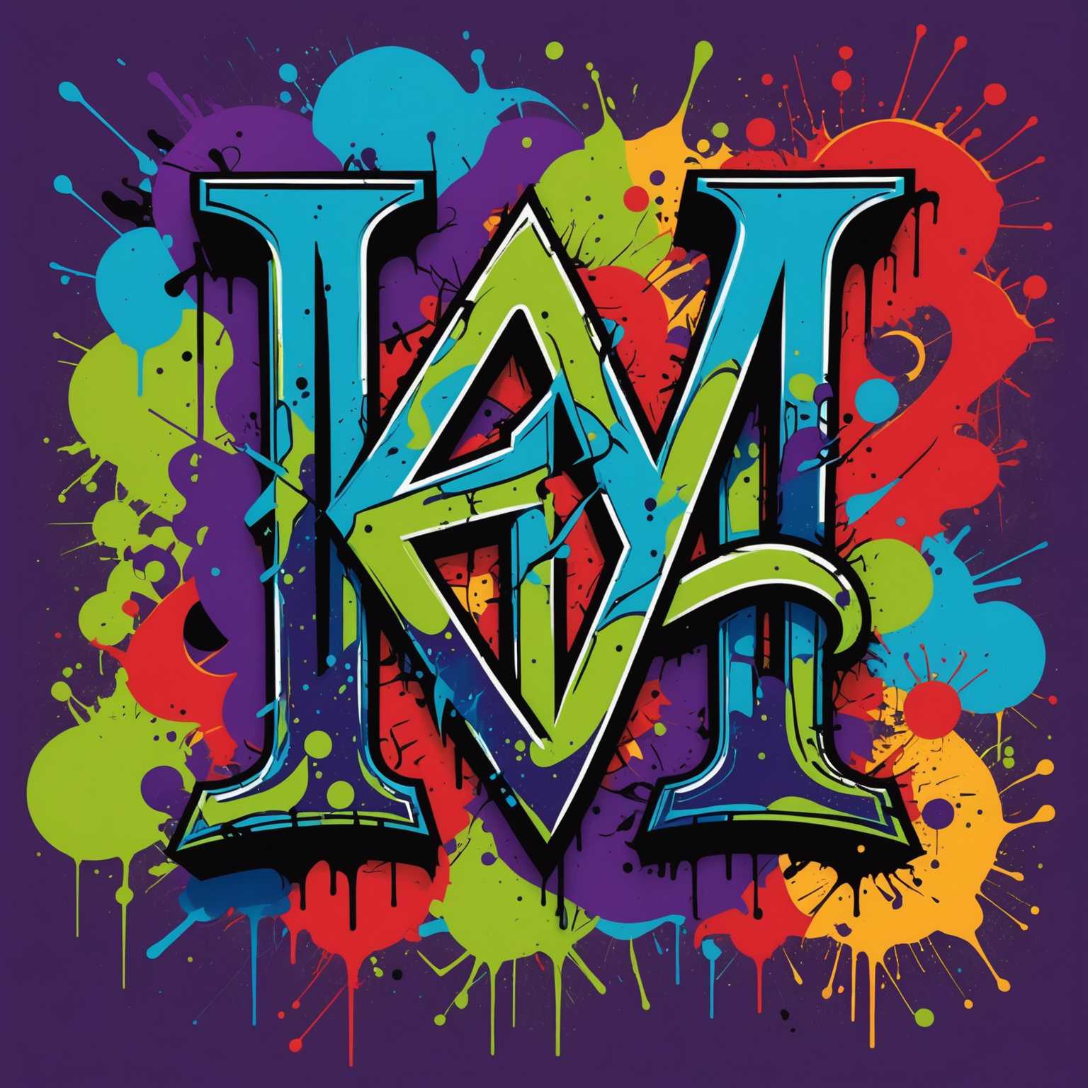 Das Bild zeigt ein energetisches und lebendiges Graffiti-Monogramm, das aus ineinander verschlungenen und überlappenden Buchstaben besteht. Die Buchstaben sind fett und stilisiert, mit scharfen Kanten und fließenden Kurven, die ein dynamisches Gefühl von Bewegung erzeugen. Die Farbpalette ist auffällig und umfasst eine Mischung aus hellen und kontrastierenden Farben wie Neon-Grün, Elektrisch-Blau, Feuriges Rot und Tiefes Lila. Der Hintergrund ist mit abstrakten Formen und Farbspritzern gefüllt, was dem Kunstwerk eine urbane und rohe Ästhetik verleiht. Die gesamte Komposition strahlt ein Gefühl von Rebellion und Kreativität aus, das charakteristisch für Graffiti-Kunst ist.