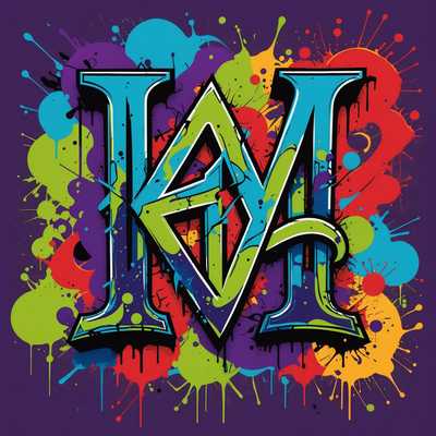 Das Bild zeigt ein energetisches und lebendiges Graffiti-Monogramm, das aus ineinander verschlungenen und überlappenden Buchstaben besteht. Die Buchstaben sind fett und stilisiert, mit scharfen Kanten und fließenden Kurven, die ein dynamisches Gefühl von Bewegung erzeugen. Die Farbpalette ist auffällig und umfasst eine Mischung aus hellen und kontrastierenden Farben wie Neon-Grün, Elektrisch-Blau, Feuriges Rot und Tiefes Lila. Der Hintergrund ist mit abstrakten Formen und Farbspritzern gefüllt, was dem Kunstwerk eine urbane und rohe Ästhetik verleiht. Die gesamte Komposition strahlt ein Gefühl von Rebellion und Kreativität aus, das charakteristisch für Graffiti-Kunst ist.