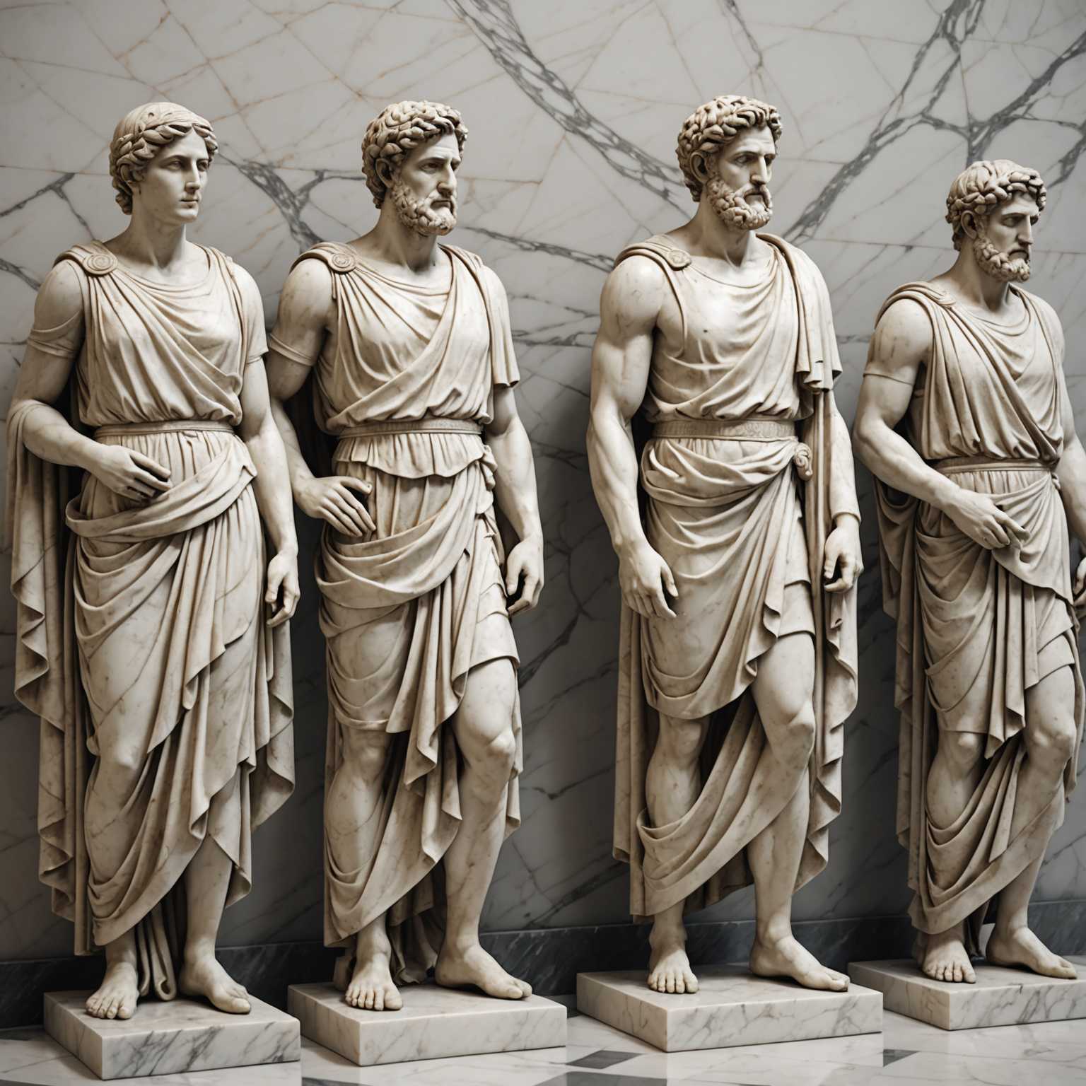 Eine Gruppe von detaillierten 3D-Statuen, die Menschen in klassischer griechischer Kleidung darstellen und in verschiedenen Positionen und Ausdrücken posieren. Die Statuen erscheinen lebensecht und sind mit hochwertigen Texturen gerendert, die ihre marmorähnlichen Oberflächen und detaillierten Merkmale betonen. Der Hintergrund ist schlicht und hebt die Statuen hervor.