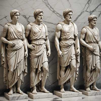 Eine Gruppe von detaillierten 3D-Statuen, die Menschen in klassischer griechischer Kleidung darstellen und in verschiedenen Positionen und Ausdrücken posieren. Die Statuen erscheinen lebensecht und sind mit hochwertigen Texturen gerendert, die ihre marmorähnlichen Oberflächen und detaillierten Merkmale betonen. Der Hintergrund ist schlicht und hebt die Statuen hervor.