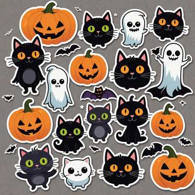 Eine Sammlung niedlicher Halloween-Sticker mit skurrilen, cartoonartigen Figuren wie Monstern, Kürbissen, Geistern, Fledermäusen, Hexen und schwarzen Katzen. Jede Figur ist mit liebenswert übertriebenen ausdrucksstarken Augen, eigenartigen Lächeln und leuchtenden Farben gestaltet, wodurch sie freundlich und charmant wirken. Die allgemeine Stimmung ist festlich und fröhlich und fängt den Geist von Halloween auf eine verspielte und entzückende Weise ein.