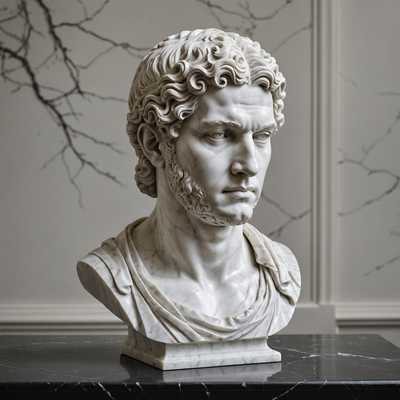 Das Bild zeigt eine hochdetaillierte und realistische 3D-weiße Marmorskulptur eines klassischen Kopfes. Die Büste zeigt filigrane Gesichtsmerkmale, geschmeidige Haarwellen und eine polierte Marmorstruktur. Die Skulptur strahlt Eleganz und zeitlose Schönheit aus, die an klassische Kunststile erinnert und die Kunstfertigkeit der 3D-Bildhauerei hervorhebt. Der Hintergrund ist wahrscheinlich in gedeckten oder neutralen Farben gehalten, um die detaillierte Handwerkskunst und Textur der Marmorbüste zu betonen.