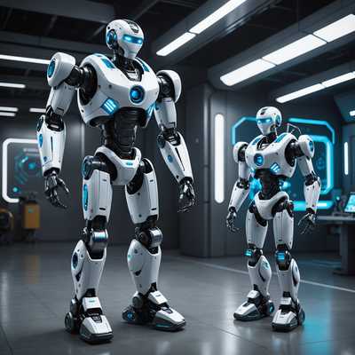Das Bild zeigt eine hochdetaillierte und realistische Szene mit zwei fortschrittlichen Robotern. Die Roboter haben ein elegantes, futuristisches Design mit glatten, metallischen Oberflächen. Ein Roboter ist groß und hat eine humanoide Form mit gegliederten Gliedmaßen und leuchtend blauen Augen. Der andere Roboter wirkt kompakter, ähnelt einer Drohne oder einem Helferroboter mit mehreren Anhängen und Sensoren. Im Hintergrund ist eine saubere, moderne Umgebung mit fortschrittlicher Technologie zu sehen, möglicherweise ein Labor oder Kontrollraum. Die Beleuchtung ist hell und gut verteilt, wodurch die reflektierenden Oberflächen und die Details der Roboter hervorgehoben werden.