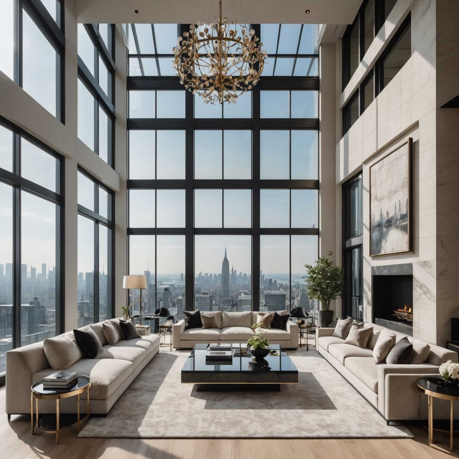 Ein luxuriöses, geräumiges Wohnzimmer mit modernen Möbeln und bodentiefen Fenstern, die einen atemberaubenden Blick auf die Stadtlandschaft bieten. Der Raum ist mit weichen Sofas, eleganten Couchtischen und anspruchsvollen Kunstwerken an den Wänden dekoriert. Durch die hohen Decken und die minimalistische Einrichtung entsteht ein Gefühl von Luxus und Eleganz.