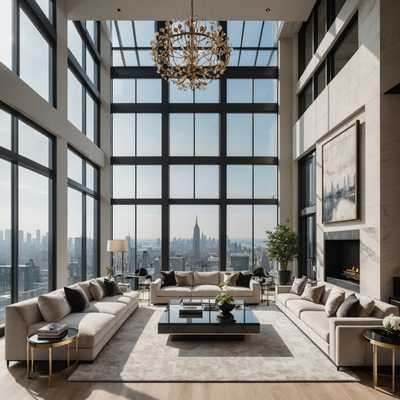 Ein luxuriöses, geräumiges Wohnzimmer mit modernen Möbeln und bodentiefen Fenstern, die einen atemberaubenden Blick auf die Stadtlandschaft bieten. Der Raum ist mit weichen Sofas, eleganten Couchtischen und anspruchsvollen Kunstwerken an den Wänden dekoriert. Durch die hohen Decken und die minimalistische Einrichtung entsteht ein Gefühl von Luxus und Eleganz.