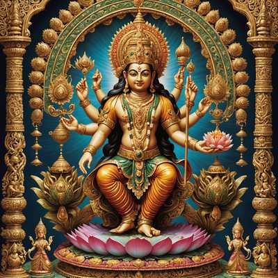 Das Bild stellt eine detailliert ausgearbeitete 3D-Darstellung von Hindu-Gottheiten in einer fantastischen Umgebung dar. Die zentrale Gottheit, geschmückt mit traditionellen Gewändern und aufwendigem Schmuck, hat mehrere Arme, in denen sie symbolische Gegenstände wie eine Lotusblume, eine Muschel, eine Scheibe und eine Keule hält. Die Gottheit wird mit ruhigen Gesichtsausdrücken und einer Aura des göttlichen Lichts um sie herum dargestellt. Im Hintergrund ist ein prunkvoller Tempel mit kunstvollen Schnitzereien und mystischen Symbolen zu sehen, der in ein mystisches, ätherisches Licht gehüllt ist. Zusätzliche kleinere Gottheiten oder göttliche Wesen sind um die zentrale Figur herum positioniert, jeweils mit deutlichen Attributen und Haltungen, die das göttliche Tableau ergänzen. Die gesamte Atmosphäre ist ruhig, heilig und jenseitig, mit einer reichen Palette an lebendigen und spirituellen Farben.