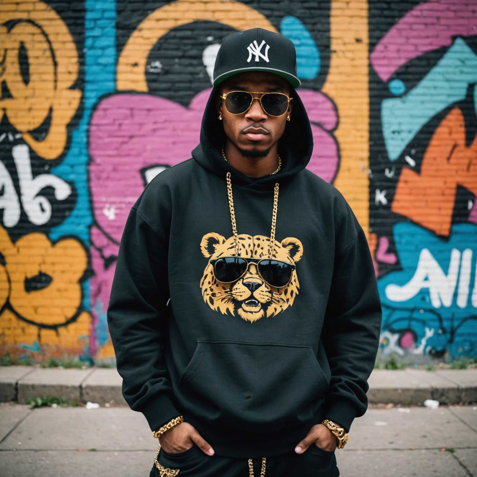 Auf dem Bild ist ein Tier zu sehen, das in Hip-Hop-Mode gekleidet ist. Das Tier trägt einen übergroßen Hoodie, eine Snapback-Kappe, Ketten und stilvolle Sonnenbrillen. Der Hintergrund deutet auf eine städtische Umgebung hin, möglicherweise eine Stadtstraße oder eine mit Graffiti bedeckte Wand, was den Hip-Hop-Vibe verstärkt. Das Tier nimmt eine Pose ein, die die Haltung und den Stil verkörpert, die typischerweise mit der Hip-Hop-Kultur assoziiert werden.