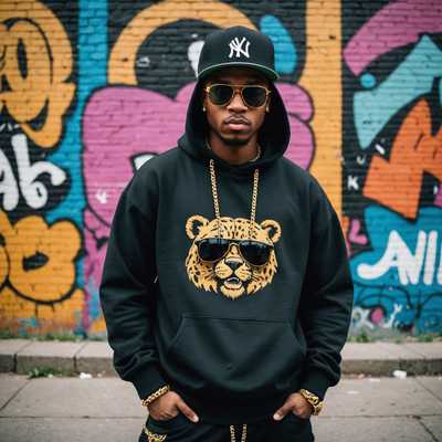 Auf dem Bild ist ein Tier zu sehen, das in Hip-Hop-Mode gekleidet ist. Das Tier trägt einen übergroßen Hoodie, eine Snapback-Kappe, Ketten und stilvolle Sonnenbrillen. Der Hintergrund deutet auf eine städtische Umgebung hin, möglicherweise eine Stadtstraße oder eine mit Graffiti bedeckte Wand, was den Hip-Hop-Vibe verstärkt. Das Tier nimmt eine Pose ein, die die Haltung und den Stil verkörpert, die typischerweise mit der Hip-Hop-Kultur assoziiert werden.