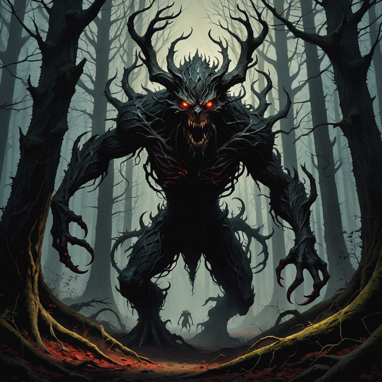 Eine düster beleuchtete, unheimliche Waldszene mit verdrehten, knorrigen Bäumen, die lange Schatten werfen. In der Mitte befindet sich ein groteskes, albtraumhaftes Monster mit scharfen, verlängerten Krallen und leuchtenden roten Augen. Die Kreatur hat eine beunruhigende, missgestaltete Form mit dunkler, gescheckter Haut und ihr Mund ist in einem stummen Schrei geöffnet, der Reihen von gezackten Zähnen offenbart. Der Boden ist mit Knochen und scharlachroten Flecken übersät, was zur makabren Atmosphäre beiträgt. Nebel zieht durch die Szene und verstärkt das Gefühl des Grauens und der Vorahnung.