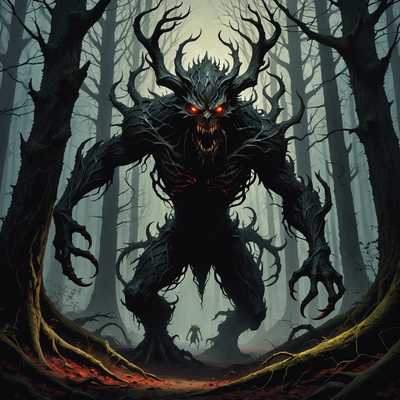 Eine düster beleuchtete, unheimliche Waldszene mit verdrehten, knorrigen Bäumen, die lange Schatten werfen. In der Mitte befindet sich ein groteskes, albtraumhaftes Monster mit scharfen, verlängerten Krallen und leuchtenden roten Augen. Die Kreatur hat eine beunruhigende, missgestaltete Form mit dunkler, gescheckter Haut und ihr Mund ist in einem stummen Schrei geöffnet, der Reihen von gezackten Zähnen offenbart. Der Boden ist mit Knochen und scharlachroten Flecken übersät, was zur makabren Atmosphäre beiträgt. Nebel zieht durch die Szene und verstärkt das Gefühl des Grauens und der Vorahnung.