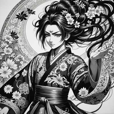 Anime-Charakter in floralem Kimono – Schwarz-Weiß-Illustration