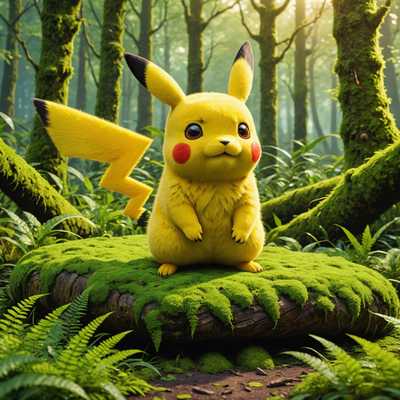 Eine üppige Waldszene mit hoch aufragenden, uralten Bäumen, die mit reichhaltigem grünem Moos und dichtem Laub bedeckt sind. Im Vordergrund steht ein hyperrealistisches Pikachu auf einem Bett aus weichem, lebendigem Gras. Sein Fell ist exquisit detailliert und zeigt einzelne Strähnen und die Textur seines ikonischen gelben Fells. Pikachus Augen sind groß und ausdrucksstark und spiegeln Sonnenlicht wider. Pikachu ist von verschiedenen Wald-Elementen wie Farnen, abgefallenen Blättern und kleinen Felsen umgeben. Sonnenlicht filtert durch das dichte Blätterdach darüber und wirft einen gesprenkelten Lichteffekt auf den Boden. Im Hintergrund sind andere Pokemon wie Bisasam und Glumanda zu sehen, die mit der Umgebung interagieren; Bisasam schaut hinter einem Baum hervor und Glumanda sitzt auf einem Felsen, wobei seine Schwanzflamme die nahegelegene Vegetation beleuchtet. Die gesamte Szene hat eine magische, ruhige Atmosphäre mit unglaublicher Liebe zum Detail in den Texturen und der Beleuchtung und verbindet die realistische Umgebung mit der verspielten Natur der Pokemon-Welt.