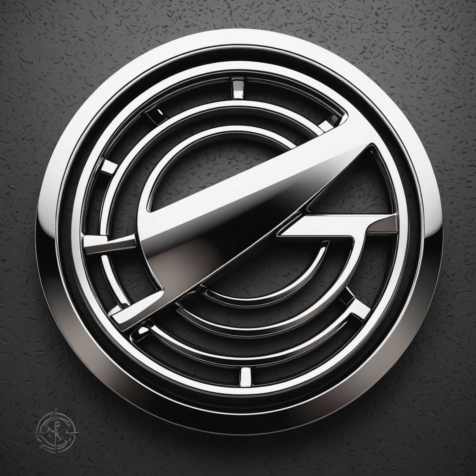 Das Bild zeigt eine elegante, hochdetaillierte 3D-Illustration eines Chrom-Metal-Logos oder -Designs, optimiert für eine T-Shirt-Grafik. Das Design weist komplexe, ineinandergreifende Elemente auf, die ihm ein dynamisches und intensives Aussehen verleihen. Mit einer polierten Metalloberfläche, die Licht reflektiert, entsteht ein Gefühl von Tiefe und Realismus. Das Logo ist modern und markant, mit einer Hochglanzoberfläche, die das Chrommaterial betont.