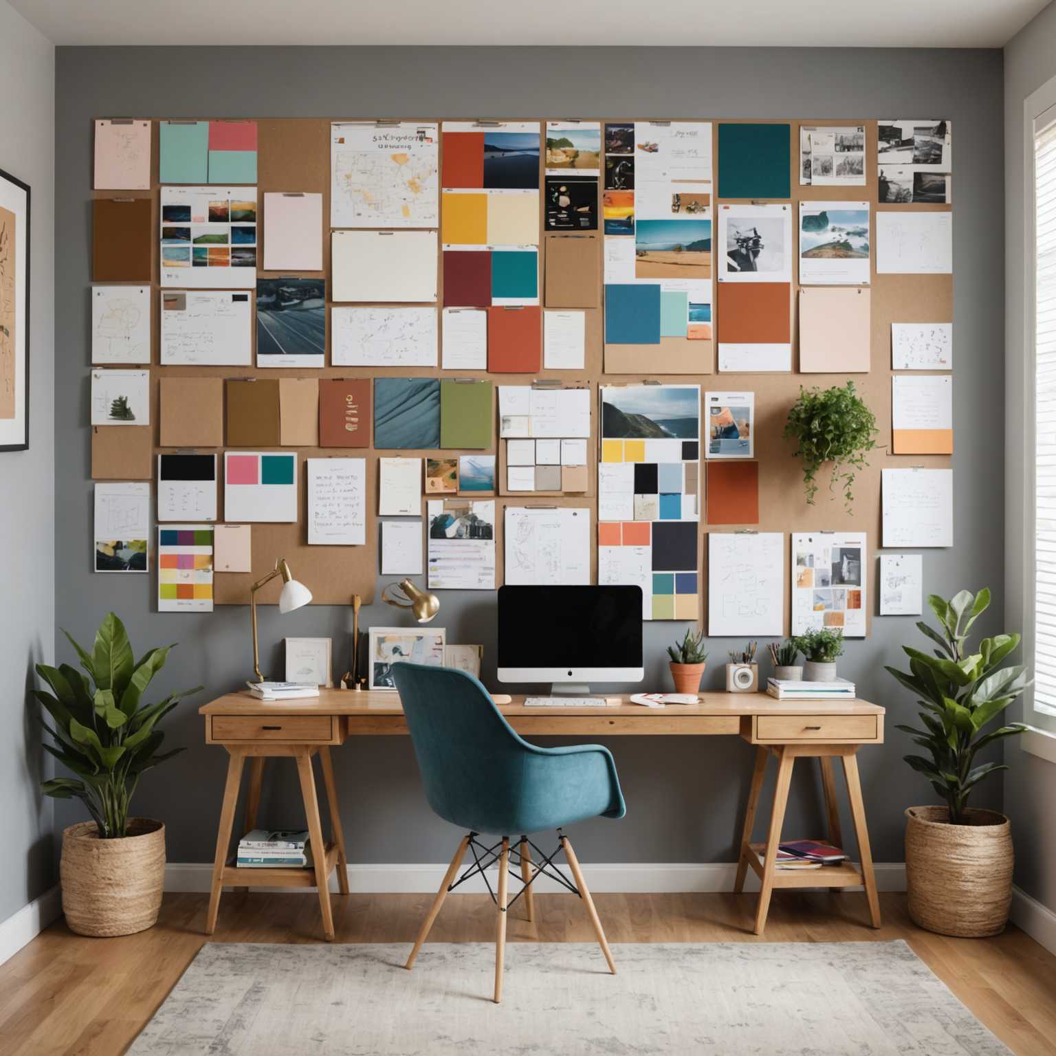 Ein gut beleuchteter Raum mit Holzboden, der eine große, ordentlich organisierte Moodboard an der Wand zeigt. Das Moodboard enthält verschiedene Stoffproben, Farbmuster und ordentlich festgesteckte Skizzen. Unter dem Moodboard befindet sich ein Holzschreibtisch mit einem Laptop, einigen offenen Notizbüchern, Bleistiften und einer kleinen Pflanze. An der Seite befindet sich ein moderner Stuhl mit einem Kissen. Die Gesamtatmosphäre des Raumes ist ruhig und fokussiert, mit weichem natürlichem Licht, das durch ein nahegelegenes Fenster einfällt.