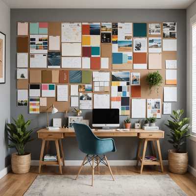Ein gut beleuchteter Raum mit Holzboden, der eine große, ordentlich organisierte Moodboard an der Wand zeigt. Das Moodboard enthält verschiedene Stoffproben, Farbmuster und ordentlich festgesteckte Skizzen. Unter dem Moodboard befindet sich ein Holzschreibtisch mit einem Laptop, einigen offenen Notizbüchern, Bleistiften und einer kleinen Pflanze. An der Seite befindet sich ein moderner Stuhl mit einem Kissen. Die Gesamtatmosphäre des Raumes ist ruhig und fokussiert, mit weichem natürlichem Licht, das durch ein nahegelegenes Fenster einfällt.