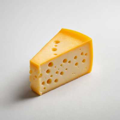 Das Bild zeigt eine isolierte Fotografie eines frisch arrangierten Stücks Käse. Der Käse ist gut beleuchtet, was seine lebhaften Farben und Texturen hervorhebt, und befindet sich vor einem schlichten weißen Hintergrund, wodurch er besonders zur Geltung kommt.