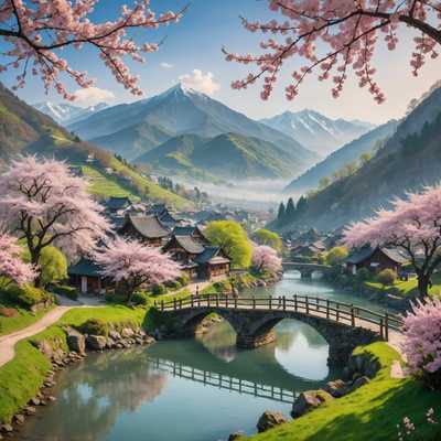Das Bild zeigt eine ruhige Szene im traditionellen japanischen Stil. Ein friedlicher, gewundener Fluss fließt durch eine üppige, grüne Landschaft. Auf beiden Seiten des Flusses erstrecken sich Kirschblütenbäume in voller Blüte, deren Äste von zarten rosa Blüten überladen sind. Im Hintergrund erheben sich majestätische, nebelbedeckte Berge, deren Gipfel von einem weichen, ätherischen Nebel verhüllt sind. Eine kleine Holzbrücke wölbt sich anmutig über den Fluss und verbindet zwei Teile eines malerischen Dorfes mit traditionellen japanischen Häusern mit geschwungenen, ziegelgedeckten Dächern. Der Himmel darüber ist ein Farbverlauf aus warmen Tönen – von sanften Orangetönen bis zu tiefen Violetttönen – was entweder auf einen Sonnenaufgang oder Sonnenuntergang hindeutet. Das Kunstwerk ist reich an Details und Farben und fängt die friedliche Essenz der japanischen Natur und Architektur ein.