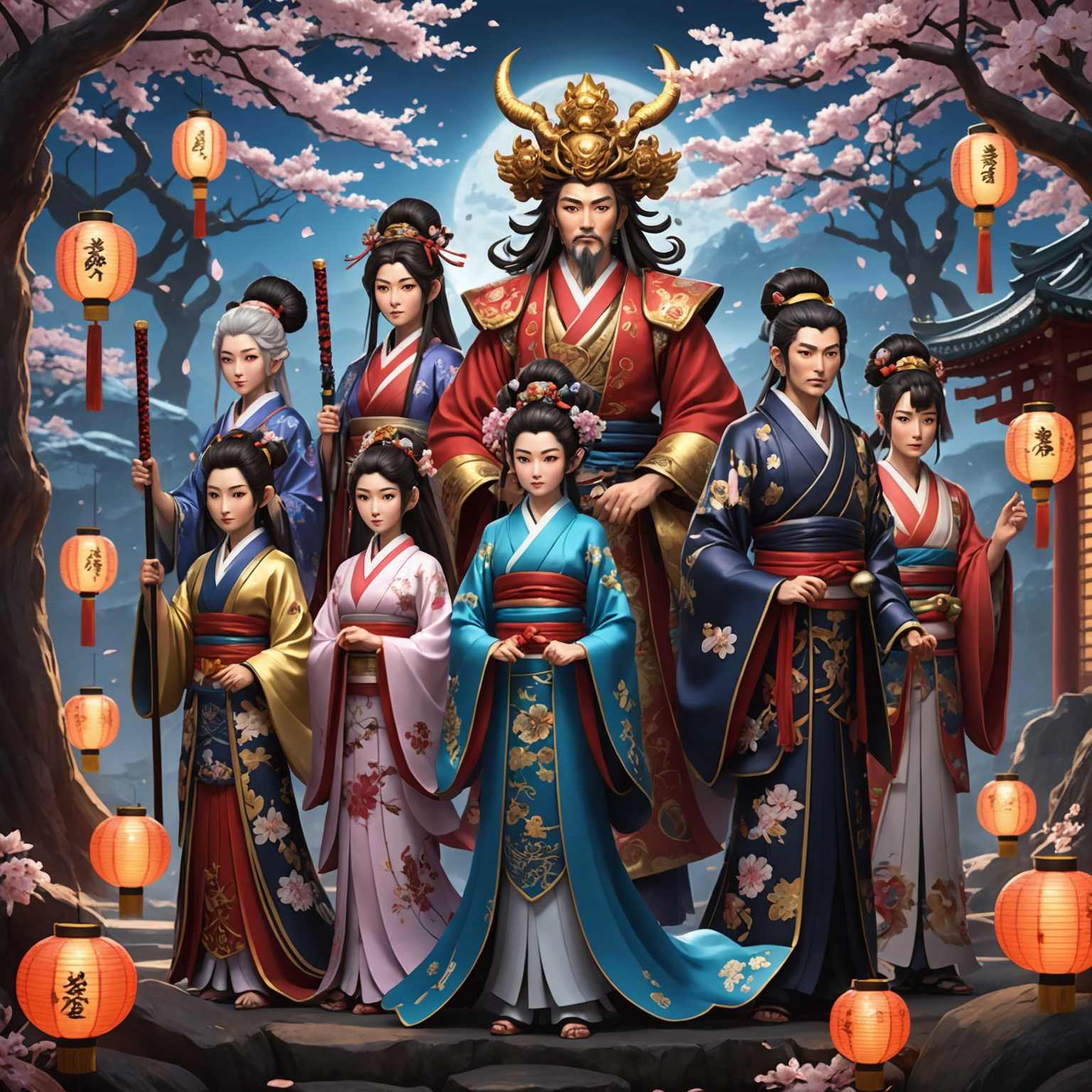 Die Abbildung zeigt eine Gruppe japanischer Götter und Göttinnen im 3D-Anime-Stil. Die Charaktere sind detailreich gestaltet, mit aufwändigen Kostümen, detaillierten Gesichtszügen und traditionellen Accessoires. Der Hintergrund ist ein mystisches Fantasiesetting, gefüllt mit ätherischen Elementen wie schwebenden Laternen, Kirschblütenbäumen und schimmernden Lichteffekten. Jeder Gott und jede Göttin strahlt eine Aura göttlicher Macht aus und hält traditionelle japanische Waffen oder magische Artefakte. Die Gesamtatmosphäre ist mystisch und bezaubernd, mit einer Mischung aus lebendigen Farben und einem Gefühl der Ehrfurcht vor den dargestellten göttlichen Wesen.