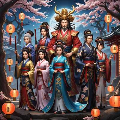 Die Abbildung zeigt eine Gruppe japanischer Götter und Göttinnen im 3D-Anime-Stil. Die Charaktere sind detailreich gestaltet, mit aufwändigen Kostümen, detaillierten Gesichtszügen und traditionellen Accessoires. Der Hintergrund ist ein mystisches Fantasiesetting, gefüllt mit ätherischen Elementen wie schwebenden Laternen, Kirschblütenbäumen und schimmernden Lichteffekten. Jeder Gott und jede Göttin strahlt eine Aura göttlicher Macht aus und hält traditionelle japanische Waffen oder magische Artefakte. Die Gesamtatmosphäre ist mystisch und bezaubernd, mit einer Mischung aus lebendigen Farben und einem Gefühl der Ehrfurcht vor den dargestellten göttlichen Wesen.