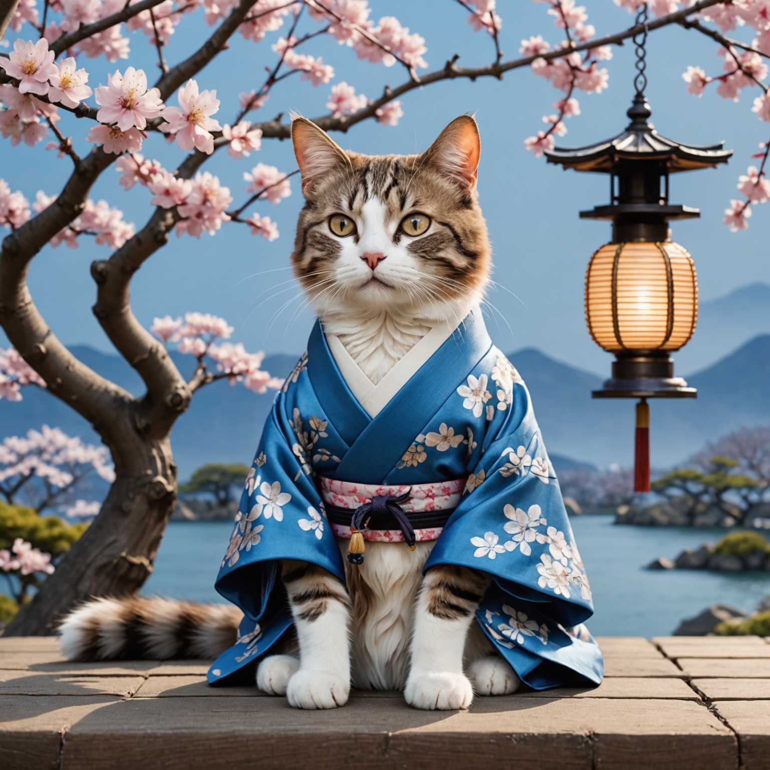 Eine Katze in einem blauen Kimono mit silbernen Akzenten, die ein kompliziertes Muster aus Kirschblüten und Wellen zeigt. Sie sitzt ruhig vor einem friedlichen Hintergrund mit einem blühenden Sakura-Baum, dessen Blütenblätter sanft herabfallen. Eine traditionelle japanische Laterne hängt vom Baum und wirft ein weiches, warmes Licht.