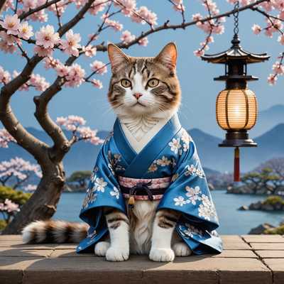 Eine Katze in einem blauen Kimono mit silbernen Akzenten, die ein kompliziertes Muster aus Kirschblüten und Wellen zeigt. Sie sitzt ruhig vor einem friedlichen Hintergrund mit einem blühenden Sakura-Baum, dessen Blütenblätter sanft herabfallen. Eine traditionelle japanische Laterne hängt vom Baum und wirft ein weiches, warmes Licht.