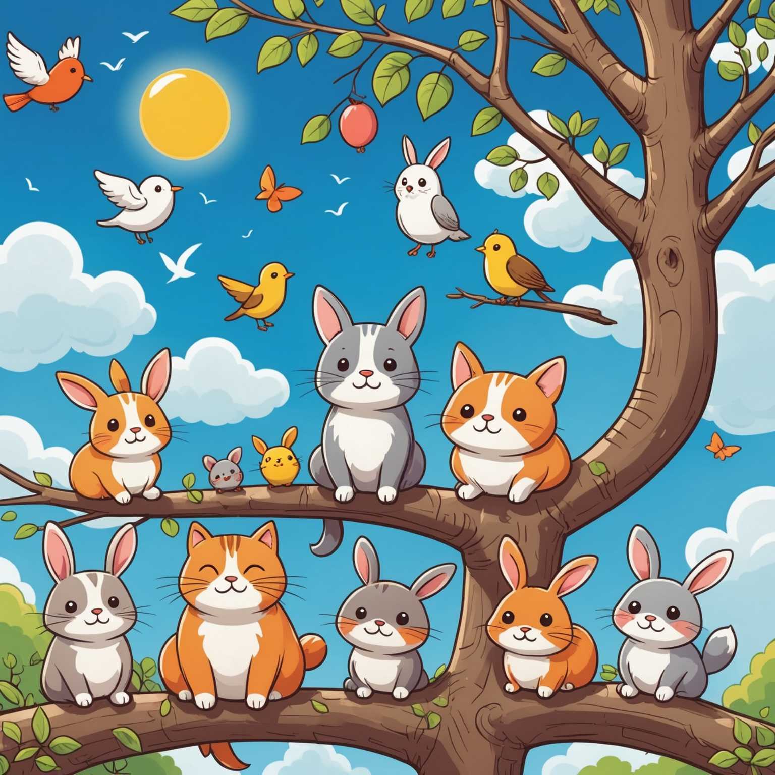 Das Bild zeigt eine entzückende, von Hand gezeichnete Szene mit zahlreichen kawaii Tieren. Da ist eine süße, lächelnde Katze, die neben einem ebenso fröhlichen, pummeligen Hund sitzt. Über ihnen sitzt ein fröhlicher Vogel auf einem Ast. Seitlich blickt ein glücklicher Hase mit seinen aufgestellten langen Ohren nach oben. Der Hintergrund zeigt flauschige Wolken und einen strahlend sonnigen Himmel. Jedes Tier ist in einem unbeschwerten, cartoonartigen Stil umrissen, der ihre großen Augen und verspielten Ausdrücke betont. Die gesamte Szene ist zum Ausmalen gestaltet, mit vereinfachten Linien und viel Weißraum.