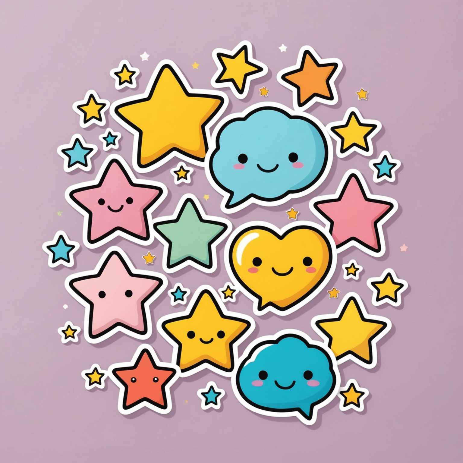Das Bild zeigt einen Kawaii-Sticker im Cartoon-Stil, der ein entzückendes und farbenfrohes, verspieltes Element wie eine Sprechblase, ein Herz, einen Stern oder ein dekoratives Symbol mit Pastellfarben und einer charmanten Ästhetik darstellt. Das Design ist lebendig und fröhlich, perfekt für eine verspielte und endearing Darstellung.