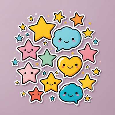Das Bild zeigt einen Kawaii-Sticker im Cartoon-Stil, der ein entzückendes und farbenfrohes, verspieltes Element wie eine Sprechblase, ein Herz, einen Stern oder ein dekoratives Symbol mit Pastellfarben und einer charmanten Ästhetik darstellt. Das Design ist lebendig und fröhlich, perfekt für eine verspielte und endearing Darstellung.