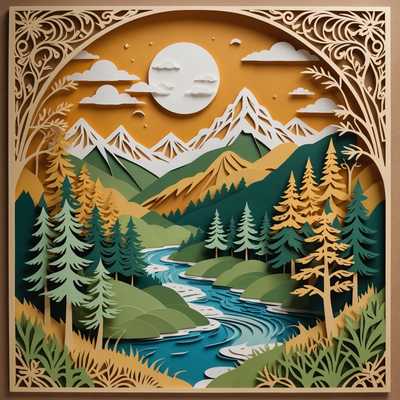Das Bild zeigt ein kunstvoll gestaltetes Kirigami-Papier-Schnittkunstwerk, das verschiedene Landschaften darstellt. Im Mittelpunkt steht eine wunderschön detaillierte Gebirgsszene mit geschichteten Gipfeln, die ein Gefühl von Tiefe erzeugen. Um die Berge herum gibt es Bäume und Laub, die akribisch geschnitten sind, um verschiedene Texturen und Größen darzustellen. Am Himmel über den Bergen befinden sich stilisierte Wolken und eine Sonne oder ein Mond, die das Ganze ergänzen. Elemente von sanften Hügeln und möglicherweise einem Fluss schlängeln sich durch die Landschaft und demonstrieren die Detailverliebtheit des Künstlers in dieser zarten Papierschnitt-Illustration. Das Gesamtaesthetic ist sowohl zart als auch dynamisch und verbindet Naturszenen mit künstlerischer Präzision in einem monochromen Farbschema.