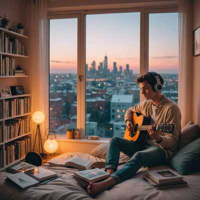 Akustische Gitarre und Bücher: Junge auf Bett bei Sonnenuntergang