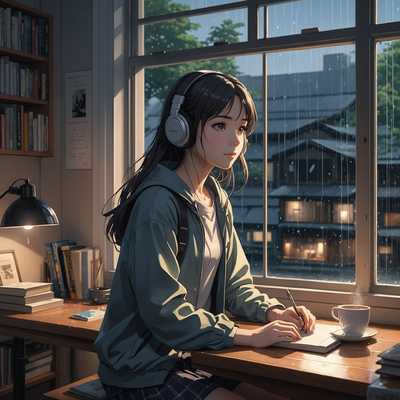 Eine ruhige Anime-Szene mit einem jungen Mädchen, das an einem Fenster sitzt. Ihr Schreibtisch ist mit Büchern, einem Notizbuch und einer Tasse dampfendem Kaffee oder Tee überladen. Sie trägt Kopfhörer, die mit einem Laptop verbunden sind und Musik spielen. Das Fenster zeigt sanften Regen, mit Wassertröpfchen, die herunterlaufen. Der Raum ist schwach beleuchtet von einer kleinen Schreibtischlampe, die ein weiches, warmes Licht wirft. Das Mädchen hat einen entspannten, konzentrierten Ausdruck und vertieft sich in ihre Musik und Studien. Ihr Haar ist kurz und ordentlich gestylt, und sie trägt einen gemütlichen Pullover. Im Hintergrund stehen einige Topfpflanzen auf der Fensterbank und Regale voller verschiedener Kleinigkeiten und weiterer Bücher.