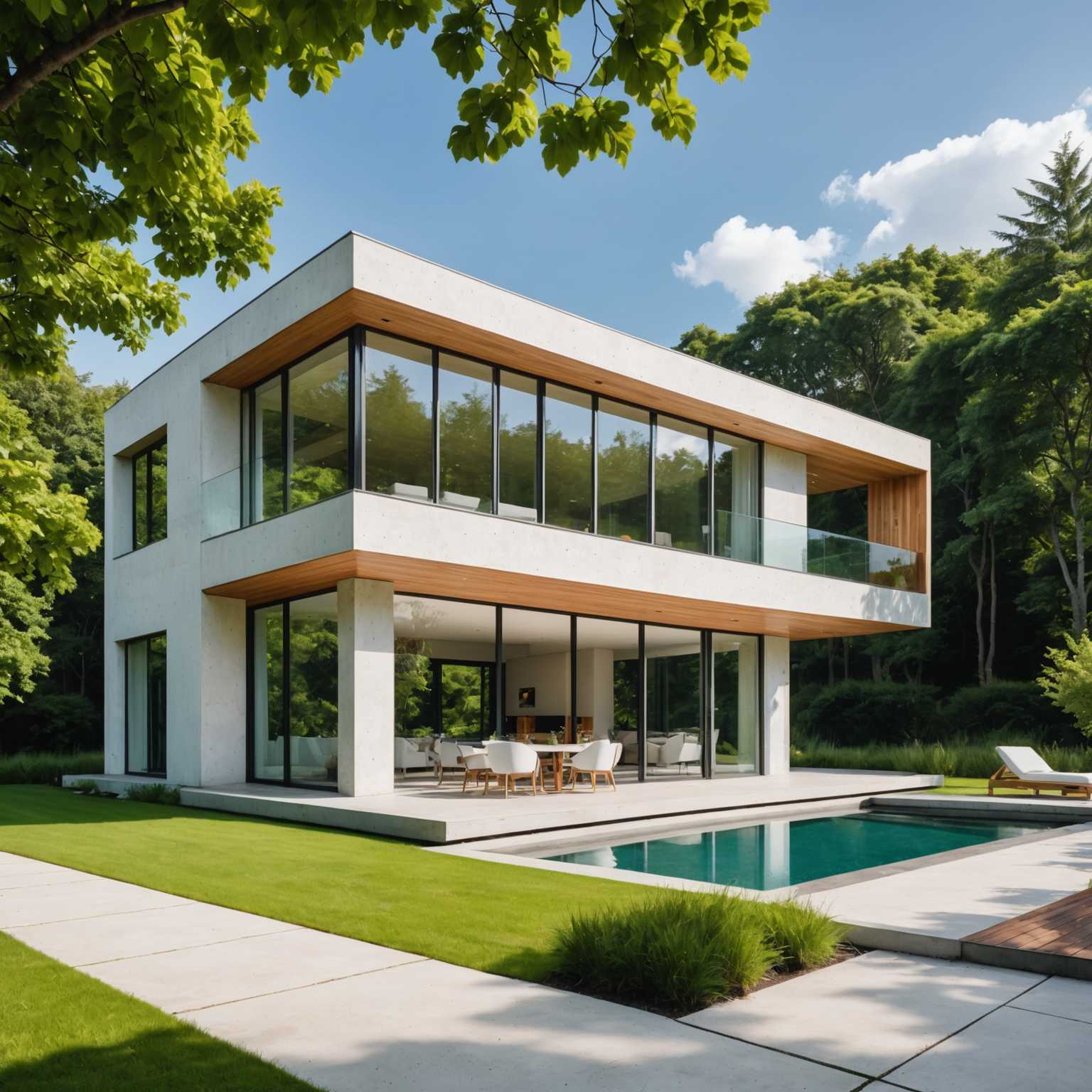 Eine atemberaubende moderne Luxusvilla mit schlanken, klaren Linien und großen Glasfenstern, die die Fassade dominieren. Das Gebäude ist in eine üppige, grüne Landschaft eingebettet und bietet eine harmonische Verbindung von natürlicher Umgebung und zeitgenössischer Architektur. Die Außenwände bestehen aus einer Mischung aus weißem Beton und natürlichen Holzelementen, was ihm ein elegantes und anspruchsvolles Erscheinungsbild verleiht. Der klare Himmel und das weiche Sonnenlicht schaffen eine einladende und ruhige Atmosphäre rund um die Villa. Das Foto fängt das perfekte Gleichgewicht zwischen dem markanten architektonischen Design und der ruhigen Schönheit der Natur ein.