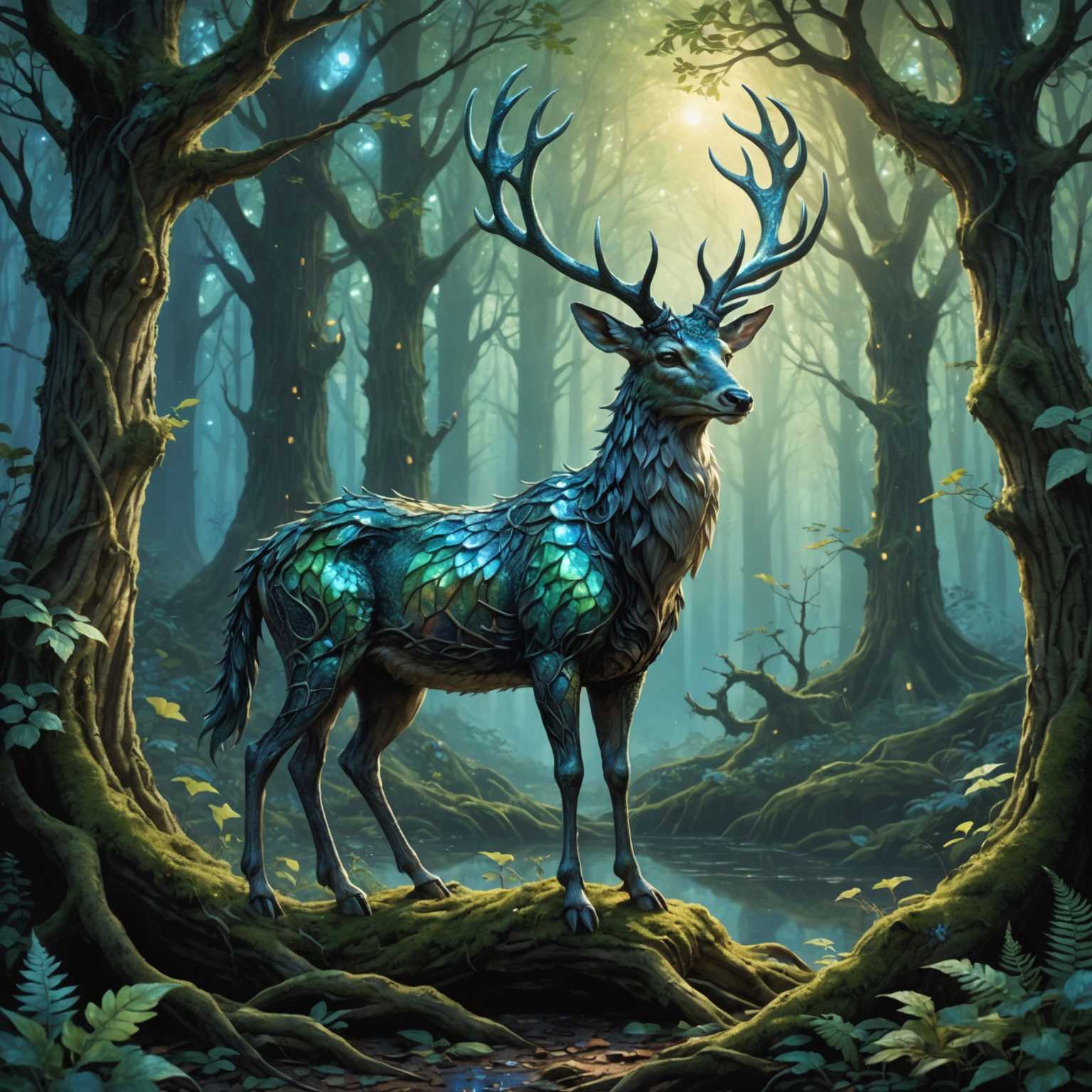 Ein mystisches Wesen, das eine Kreuzung zwischen einem Hirsch und einem Drachen ähnelt, mit schillernden Schuppen und Geweihen, steht in einem verzauberten Wald. Im Hintergrund sieht man uralte, hoch aufragende Bäume mit verworrenen Wurzeln, deren Blätter schimmern, als wären sie vom Mondlicht berührt. Kleine Waldkreaturen, wie Feen und Kobolde, schweben herum.