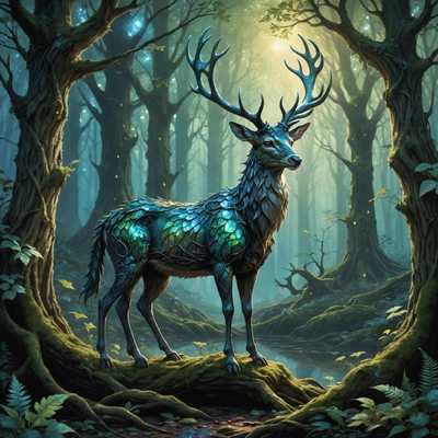 Ein mystisches Wesen, das eine Kreuzung zwischen einem Hirsch und einem Drachen ähnelt, mit schillernden Schuppen und Geweihen, steht in einem verzauberten Wald. Im Hintergrund sieht man uralte, hoch aufragende Bäume mit verworrenen Wurzeln, deren Blätter schimmern, als wären sie vom Mondlicht berührt. Kleine Waldkreaturen, wie Feen und Kobolde, schweben herum.